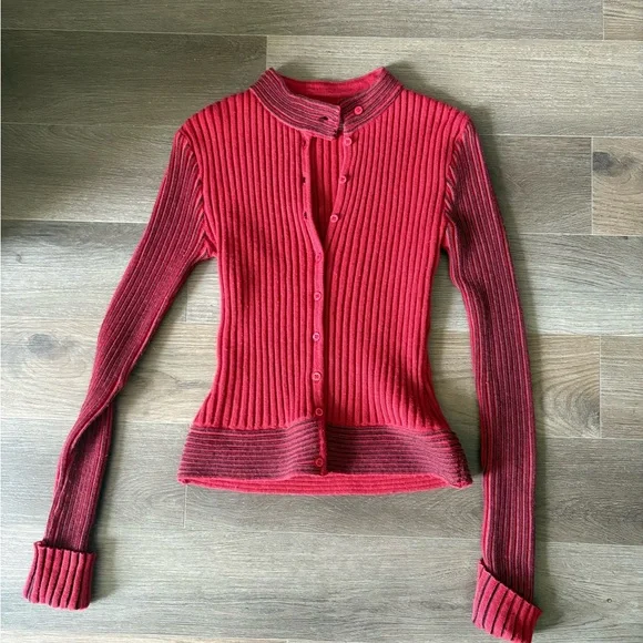 Ribbed Button-Front Red Cardigan Sweater - Picture 1 of 4